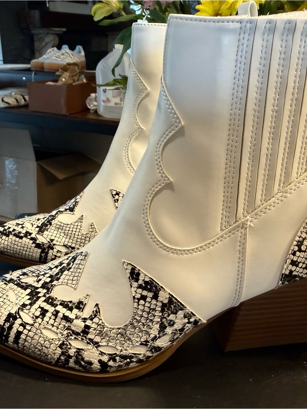 NewCape Robbin White & Black Snake-Print Western Ankle Boots